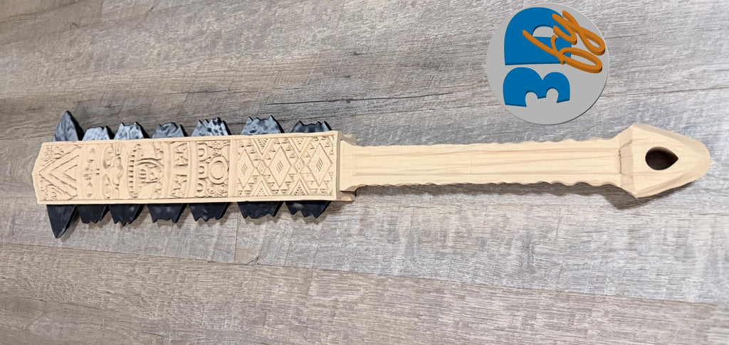 Macuahuitl Aztec Club Replica | 35.5″ Wood‑Composite Body + Obsidian-like Blade | 3D Print Cosplay Prop | Premium Finish — Not Plain Plastic